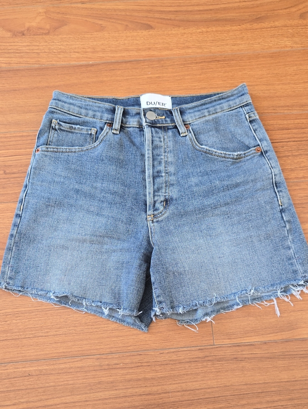 DU/ER Women's Mid-Blue Denim Cutoff Shorts